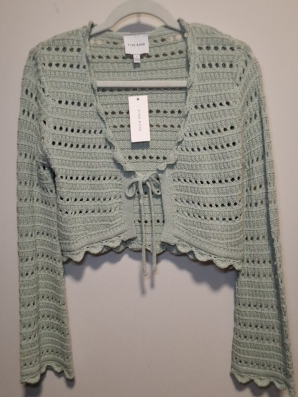 Pink Rose Sage Green Crochet Tie Front Cardigan Sweater Small S Cottagecore NWT